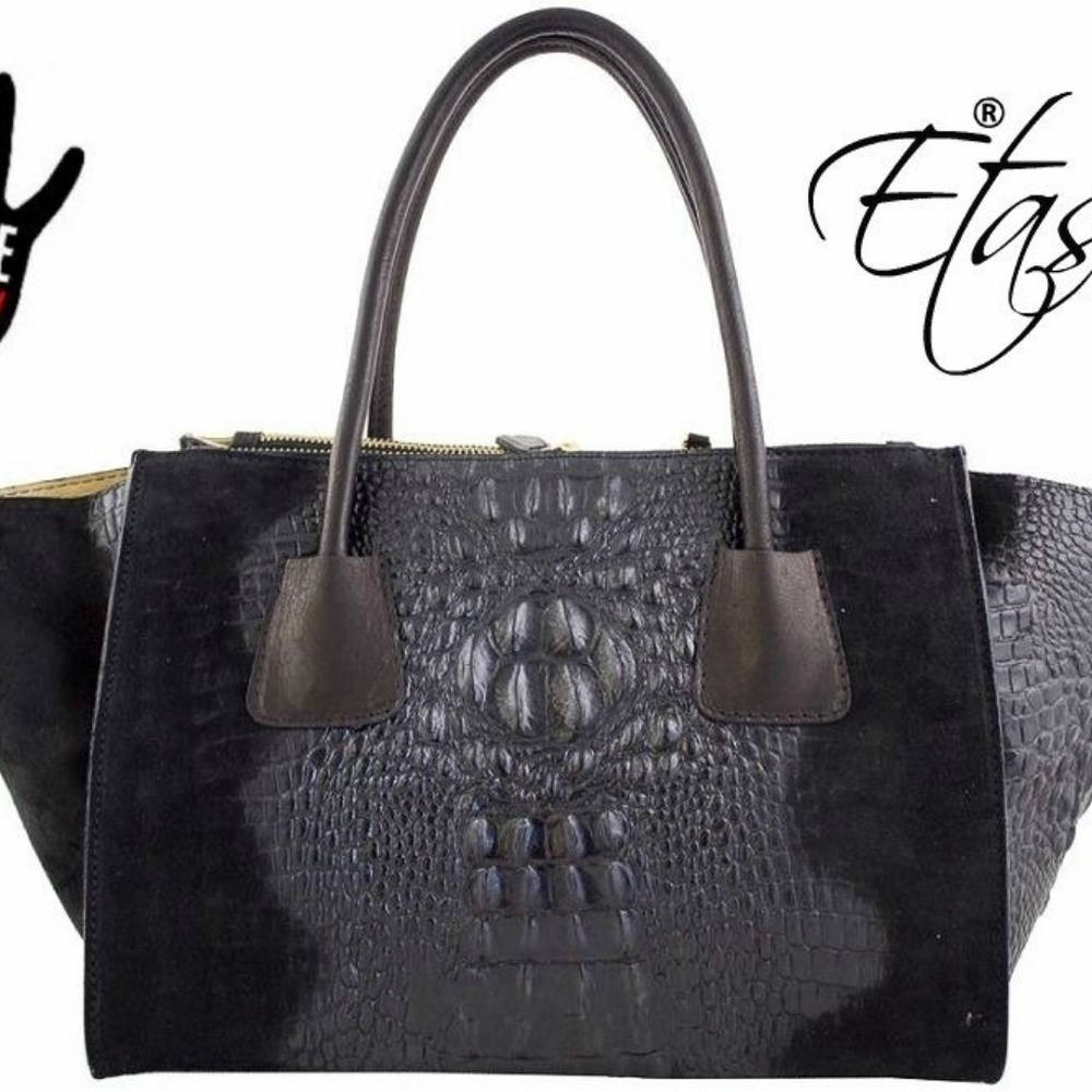 Leather Suede Handbag Croco Print Black Bag